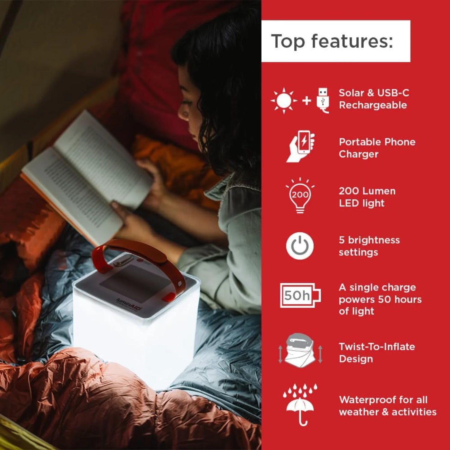 2-in-1 Solar Camping Lantern and Phone Charger - Inflatable LED Lamp for Camping, Hiking and Travel - Emergency Light f