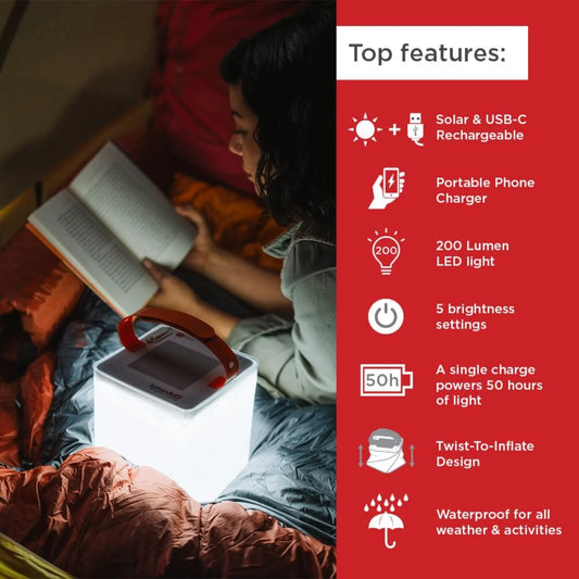 2-in-1 Solar Camping Lantern and Phone Charger - Inflatable LED Lamp for Camping, Hiking and Travel - Emergency Light f