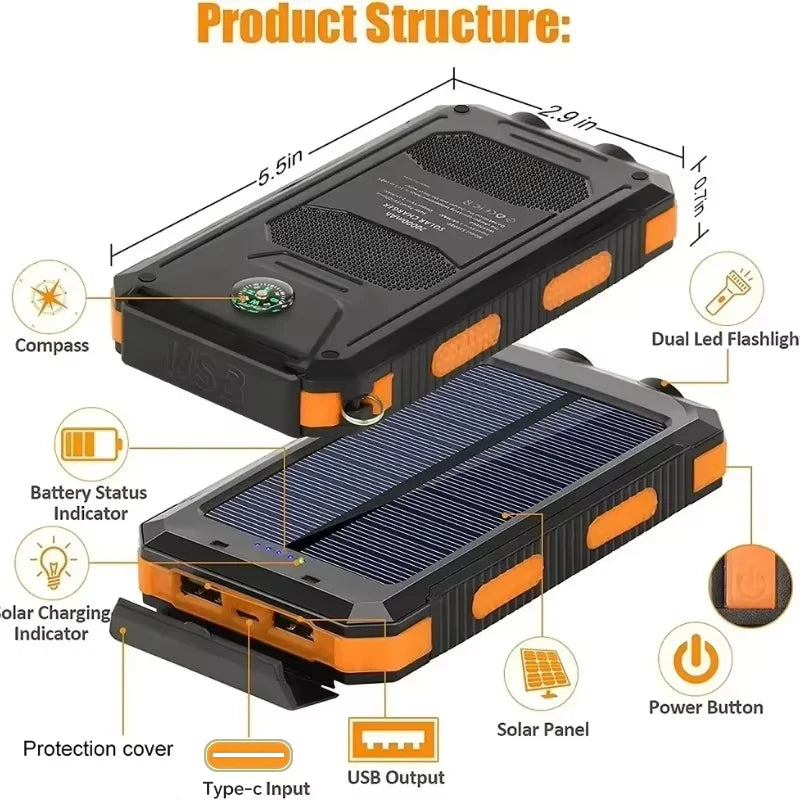 VIVO 200000mAh Waterproof Outdoor Solar Power Bank Dual USB Travel Portable Solar Phone Charger Solar Powerbanks For Camping